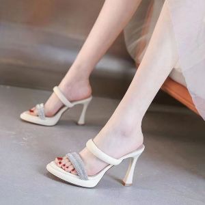 Womens High Heels Sandals Waterproof Platform Summer New Style Diamond Buckle Open-Toe Half Slippers Korean Version Thin Heel