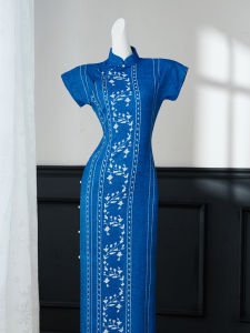 Traditional Blue Cheongsam Slimming Cover Belly Dress