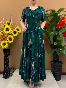 Elegant Floral Print Maxi Dress Slimming Short Sleeve High Waist Korean Style Commute Long Skirt Summer New Arrival