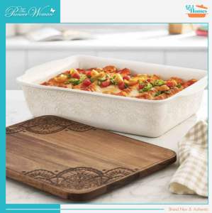 The Pioneer Woman Large Rectangular Baker with Acacia Wood Lid Vintage Lace