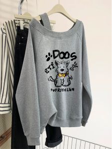 Gray Oblique Shoulder Idle Style Cartoon Puppy off-Shoulder Sweater Female 2024 New Arrival Early Autumn Pullover Long Sleeve Top Coat