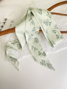 Hand-Painted Grass Green Silk Scarf Long Strip for Women  Style Waist Belt Bag Tying Bow Hair Band Elegantly Designed Neck Scarf