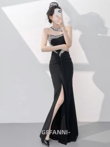 Elegant Evening Dress Black Halter Back Slit