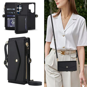 Card Case For Samsung S25 Ultra With strap lanyard Coin Purse Case Flip Leather Cover With Card Holder Cards Slot Case Mobile Phone Shell Casing For Samsung Galaxy S25 Plus S24 Ultra S23 FE S22 Plus S21 Ultra S20 FE S25edge Cover With Rope