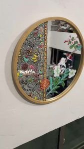 Bamboo Framed Wall Mounted Deco Mirror with Flower Painting