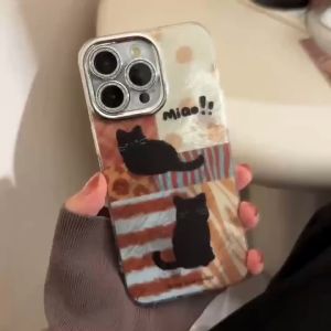 Cartoon Black Cat Spliced Leopard Print Color Hard Case for iPhone 11 13 13 14 15 16 PRO MAX plus Full coverage Anti Fall COVER casing for iphone16 Case