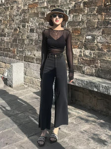 Black Loose Straight Leg Jeans Womens Summer Fashion Pear Shape Design Slimming High Waist Button Closure Long Pants