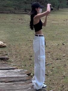 Quần Ống Rộng Lưng Cao Màu Trắng Dáng Rộng Cho Nữ Mùa Hè 2024 Quần Ống Rộng Cạp Cao Phong Cách Mỹ Quần Dài