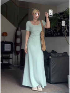 Sweet Style Square Collar Short Sleeve Summer Dress Plus Size Women Fashionable Tight Waist Long Skirt