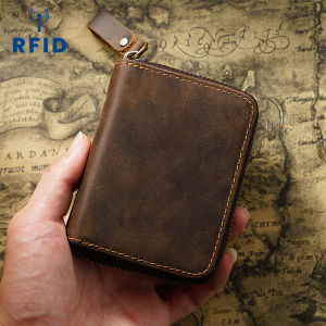 High Quality Retro VIP ID Bank Credit Card Holder Rfid Zipper Wallet Slim Small Cards Cases Slim Crazy Horse Genuine Leather RFID Mens Handmade Card Bag