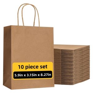 Brown Paper Bag with Handle 10 Pieces 5.9x3.15x8.27 Inch Gift Bag Kraft Paper Bag Used for Retail Parties Shopping Gifts