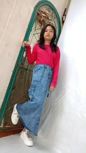 Rok Jeans Cargo Anak Perempuan Usia 7-15 Tahun