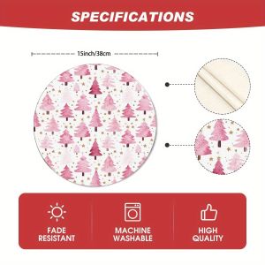 VIKAMA 4PCS Christmas Placemats Pink Christmas Tree Round Placemats Christmas Table Decor Winter Placemats