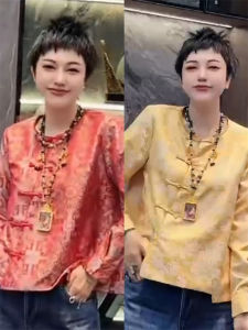 Fashionable Chinese Style Button up Shirt Spring 2025 New Year Design Slimming Elegant Long Sleeve Polyester Fiber Top