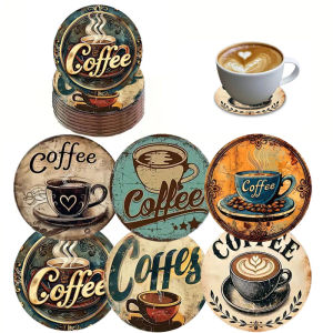 The 6-piece set of coffee cup theme pattern wooden round coasters is suitable for giving as Thanksgiving and Christmas gifts