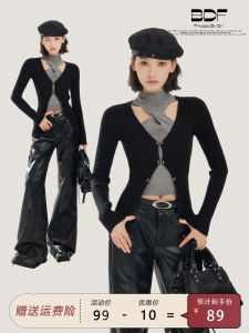 Áo Len Dệt Kim Dài Tay Màu Đen Cổ Đứng Cho Nữ Mùa Thu Áo Lót Bó Eo Áo Cardigan Thiết Kế Áo Khoác Ngoài Chất Liệu Polyester