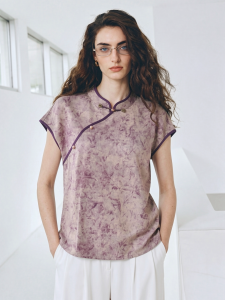 Basic House | Purple Ombre Short-sleeved Chinese Style Stand Collar Shirt