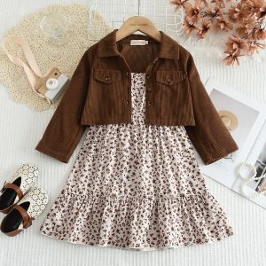 3-7 Girls Autumn Fashion Outfits Solid Color Coat + Print Strappy A-Line Dress 2 Pcs Set Kids Cute Casual Clothes