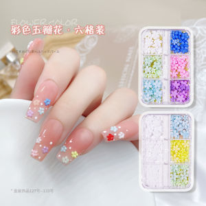 6-Grid Boxed Five Petal Flower Nail Ornament Golden/Silver Beads Resin Three-Dimensional White Little Flower Nail Multicolor Pack Accessories