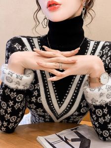 Áo Len Dệt Kim Dày Lót Lông Cừu Cổ Cao Thời Trang Thu Đông Cho Nữ Áo Sơ Mi Cơ Bản Một Mảnh Ấm Áp Phong Cách Retro