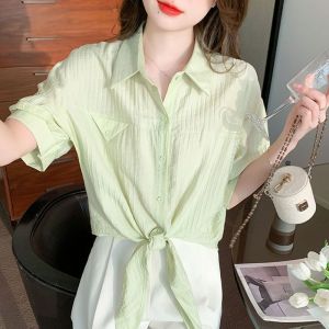 Womens Chiffon Shirt 2025 New Summer Loose Versatile Open Cardigan Solid Color POLO Collar Silk Simulation Top