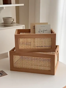 Rattan Storage Basket Woven Organizer Bin for Toys Books Towels Snacks Desktop Shelf Home Decor