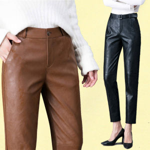 High Waist Sheepskin Leather Pants Womens Straight Leg Tube Outerwear Jeans High Waist Nine Points Slim Fit Casual Trousers