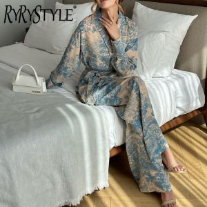 Fashion French Printed Long Sleeve Lace-Up Shirt High Waist Wide Leg Pants Womens Suit