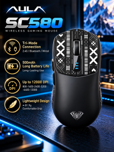 AULA | Chuột Chơi Game Không Dây AULA SC580 12000DPI Tri Mode 2.4G Bluetooth 5.0 USB-C 1000Hz Thiết Kế Công Thái Học Với Nút Điều Chỉnh DPI