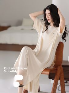 MiiOW | Cat Lady Womens Short Sleeve Sleep Dress With Built-in Chest Pad 2025 New Summer Round Neck Long Dress Sleepwear Home Clothes