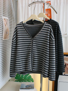 Soft Cozy Short Striped Open Cardigan Womens Spring Autumn Loose plus Size American Retro Casual Top Windproof V-neck Button