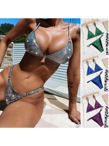 ชุดว่ายน้ำบิกินี่สองชิ้นสำหรับผู้หญิง ชุดว่ายน้ำชายหาดแบบแยกส่วน ชุดว่ายน้ำทรงสามเหลี่ยม ไม่มีแบรนด์ ไม่มีแผ่นรองหน้าอก โพลีเอสเตอร์