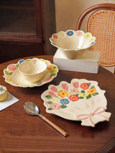 MODERN SWEETHOME | Glazed Color Home Tableware Ceramic Hat Plate Embossed Flower Dinner Bowls