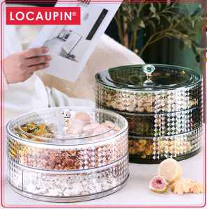 Locaupin Kitchen Rotating Party Snack Tray with Lid Serving Tray Fruits Nuts Candies Crackers Round Plastic Food Storage
