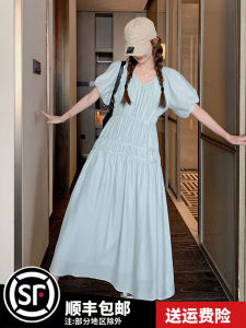 French Gentle Pleated Summer Dress Women Sweet Fairylike Bubble Sleeve V Neck Long Dress a Line Silhouette High Waist Short Sleeve