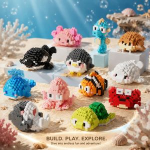 Bandai | Cute Marine Animals Building Blocks Kit Turtles Dolphins Crabs Fish Clownfish Octopus Bricks Model Toy for Kids Girl