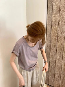 CHOEFULYN | Purple U-Neck Stylish Loose Casual Womens T-shirt