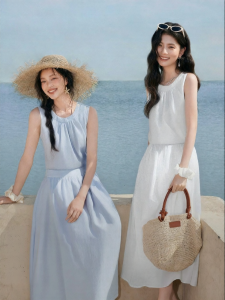 SEIFINI | Light Blue Stylish Sleeveless Yohji Style Shirt Dress Set Flattering Midi Skirt
