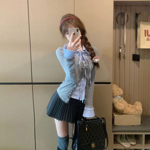 Autumn Fashion College Style Miniature Set Cute Fake Two-Piece Top Half-Skirt Two-Piece Set Womens Cotton Long Sleeve Polo Neck