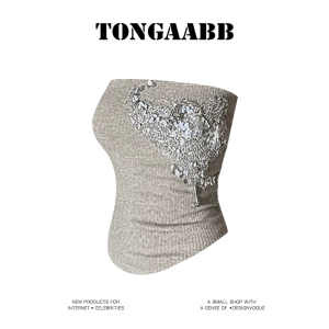 TONGAABB American Style Hot Girl Bead Crop Top Womens Spring Summer Knitted Tube Top Vest Handmade Bead Tight Waist