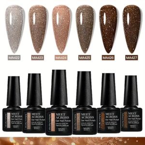 6pcs Coffee Brown Reflective Glitter Gel Nail Polish Set Dark Flashy Semi Permanent Soak Off UV Gel Varnish Nail Supplies Salon