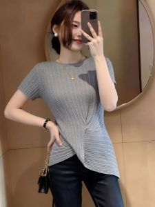 AIYITI | Áo Thun Tay Ngắn Màu Xám Đẹp Duyên Dáng Lớn Kích Cỡ Buộc eo Không Đều