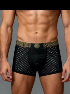 1PC Mens Mesh Ice Silk Boxer Shorts - Luxury Retro Gold Print Quick-Dry Breathable Underwear Plus Size Available