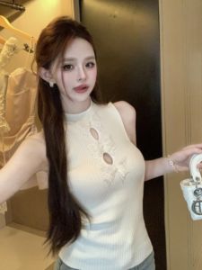 Womens Knitted Hollow Design Butterfly Knot Vest Sleeveless Half High Collar Summer Outerwear Fashionable Base Layer Top