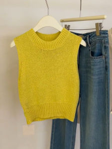 Áo Len Cardigan Không Tay Màu Vàng Cổ Tròn Phong Cách Hàn Quốc Mùa Thu Đông Cho Nữ Áo Len Dệt Kim Thời Trang Ngắn