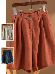 Ruched Pure Color Cotton Linen Shorts Summer 2023 New Arrival High Waist One Button Slim Looking Easiest for Match Linen Leisure Wide-Leg Pants