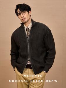 Italian Gentleman MCCEVTG Zipper Knitted Sweater Jacket Mens Vintage High Commuting Casual Striped Pattern Long Sleeve Top
