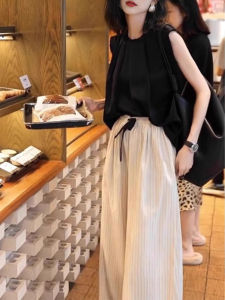MK Summer Fashion Hong Kong Style Loose Lazy Sleeveless Womens Striped Elastic Waist Wide Leg Pants Set Casual Chic