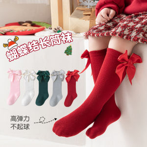 ถุงเท้าเด็กผู้หญิง ถุงเท้าผ้าฝ้าย ถุงเท้าฤดูใบไม้ร่วงและฤดูหนาว ถุงเท้าเต้นรำคริสต์มาส ถุงเท้าผูกโบว์สีแดง ถุงเท้าเด็ก เส้นใยโพลีเอสเตอร์ 80% ถุงเท้าเด็ก