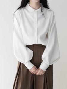 Loose Long Sleeve Lantern Sleeve White Shirt Womens Stand Collar Autumn Winter Korean Style Simple Fashion Top Loose Slimming Shirt